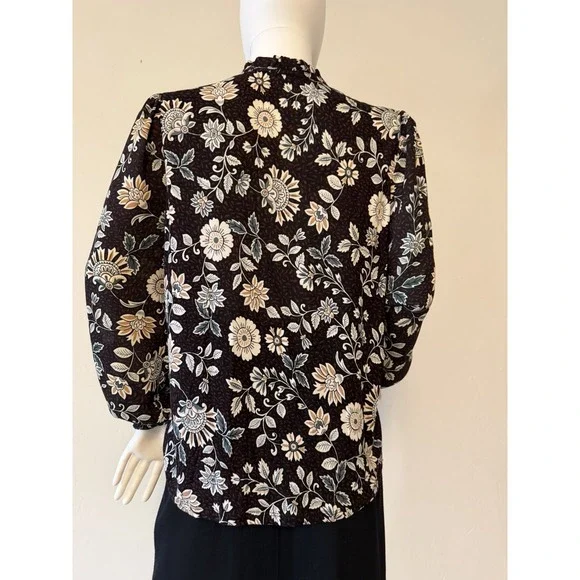 LOFT Women's Petite Floral Tie Neck Blouse Black Long Sleeve Size SP - Picture 6 of 13